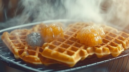 Fresh Homemade Waffle with Steam in Morning Light