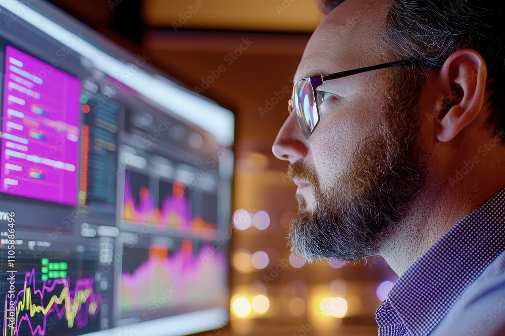 Poster professional man analyzing data on computer screen at night