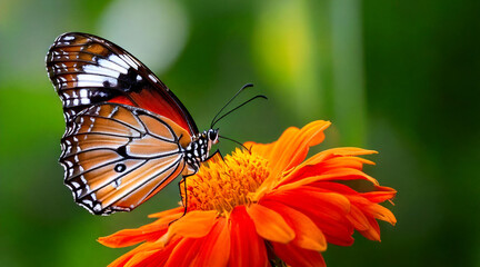 Fototapeta premium A butterfly resting on a vibrant flower, with intricate wing patterns captured in perfect clarity against a soft bokeh background