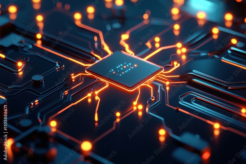 Poster futuristic circuit board with glowing lines and digital components