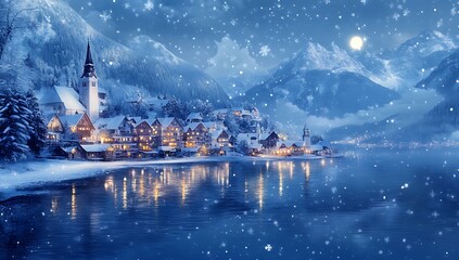 Obraz premium A Beautiful Snow-Covered Village, Surrounded by Mountains and Illuminated with Warm Lights, Christmas Wonderland Scene