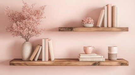 Stylish pink shelves with decor, books, and a floral arrangement create a cozy vibe.