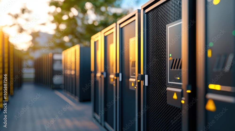 Poster modern data center with server racks and warm evening lighting