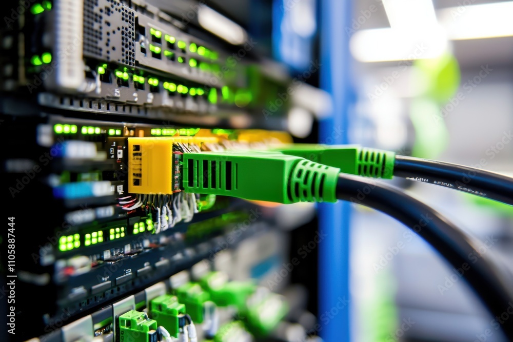 Poster close-up view of network cables and server rack with indicators