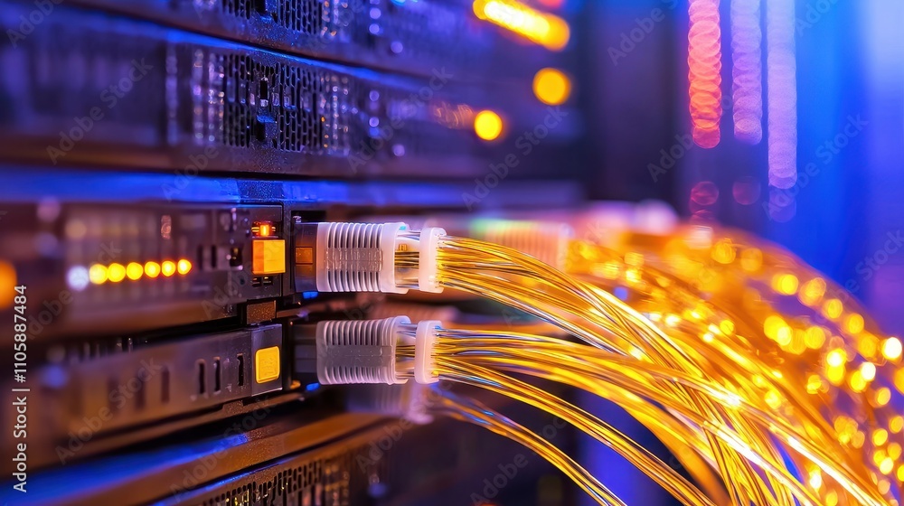 Poster optical fibers connected to network server lights in data center