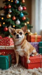Cute Chihuahua amidst colorful Christmas presents.