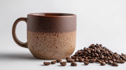 A brown ceramic mug sits next to a pile of roasted coffee beans on a white background.