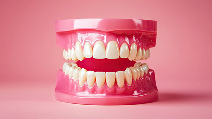 Obraz premium dental implant model showcasing realistic teeth in vibrant pink setting. This closeup highlights intricate details of dental anatomy, perfect for educational purposes