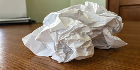 A crumpled sheet of white paper rests on a wooden surface, a symbol of discarded ideas and abandoned plans.