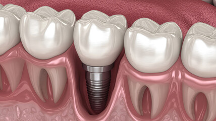 Dental implant positioned in jawbone, surrounded by healthy teeth. This detailed view highlights integration of implant with surrounding gum tissue, showcasing dental restoration