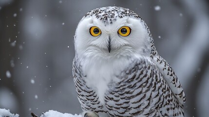Majestic Snowy Owl Perched on Frosty Branch Piercing Yellow Eyes Wintry Backdrop