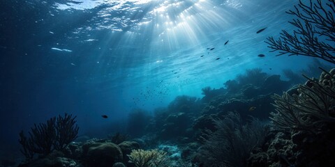 Fototapeta premium Sunbeams Illuminate Vibrant Underwater Coral Reef Ecosystem with Diverse Marine Life