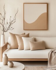 A cozy minimalist living room featuring neutral tones and natural decor elements.