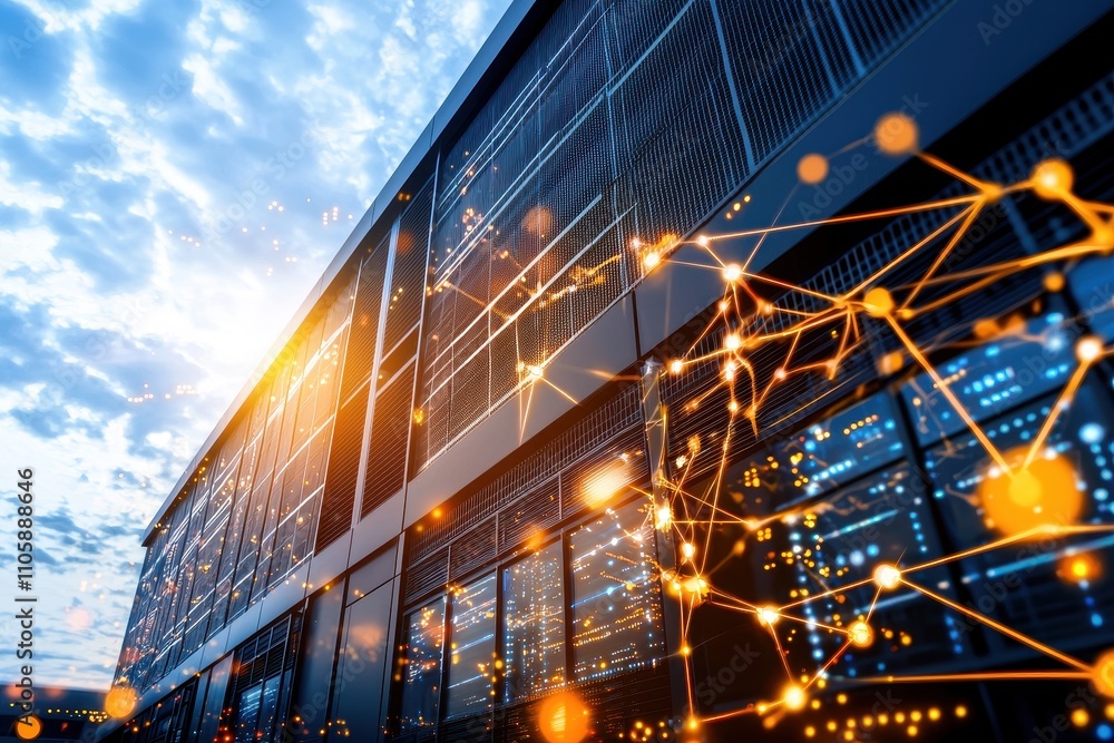 Poster modern data center building with cloud technology and network connections