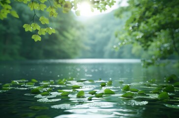 Naklejka premium Tranquil water scene with lily pads and greenery.