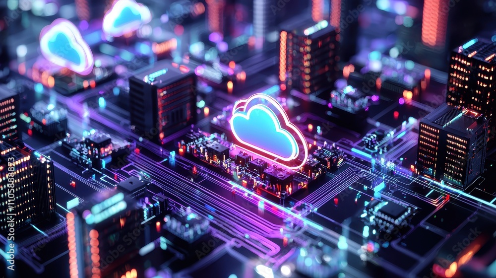 Poster futuristic cloud computing concept on digital circuit board design