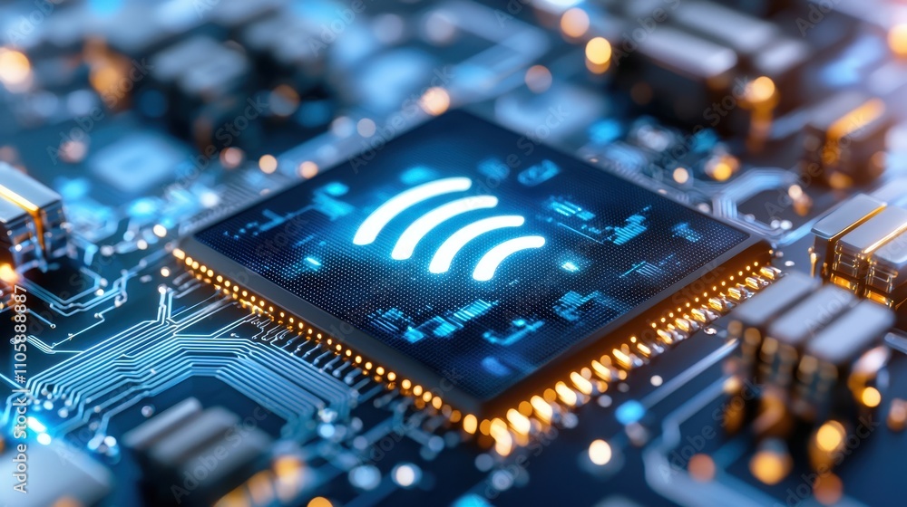 Poster close-up of circuit board with wireless communication chip design