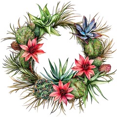 Fototapeta premium Watercolor Wreath of Succulents, Cacti, and Desert Flowers with a Circular Frame.