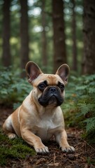 Cute French Bulldog relaxing in a forest setting.