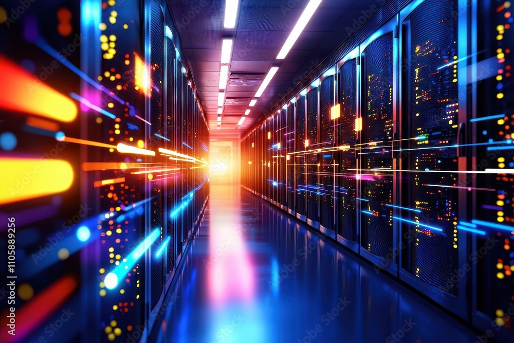 Poster futuristic data center with colorful lights and server racks