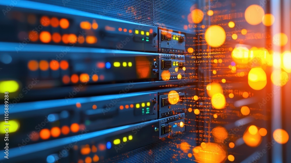 Poster modern data center with server racks and digital effects