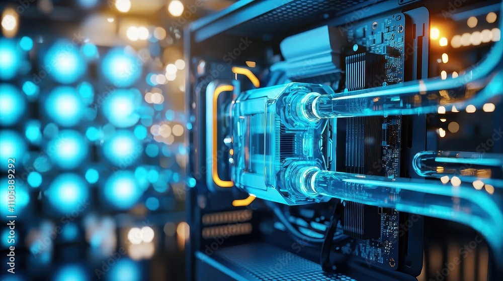 Poster modern computer hardware with liquid cooling system in detail