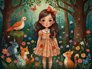 Cute girl with animals in a whimsical flower garden.