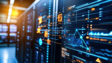 Futuristic Data Server with Digital Graphs and Analytics Display