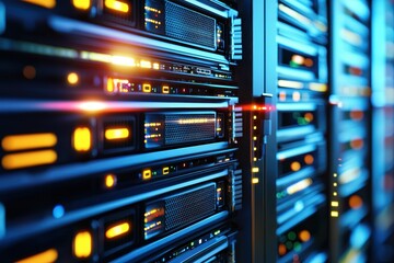 Naklejka premium Modern Data Center with Rows of High-Tech Server Racks Illuminated