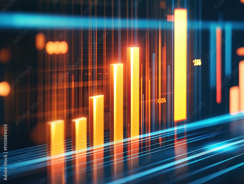 Poster modern digital financial growth chart with orange bars on a dark background highlighting data trends