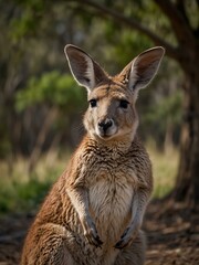 Fototapeta premium Cute joey kangaroo clinging to its mother's ear for safety.
