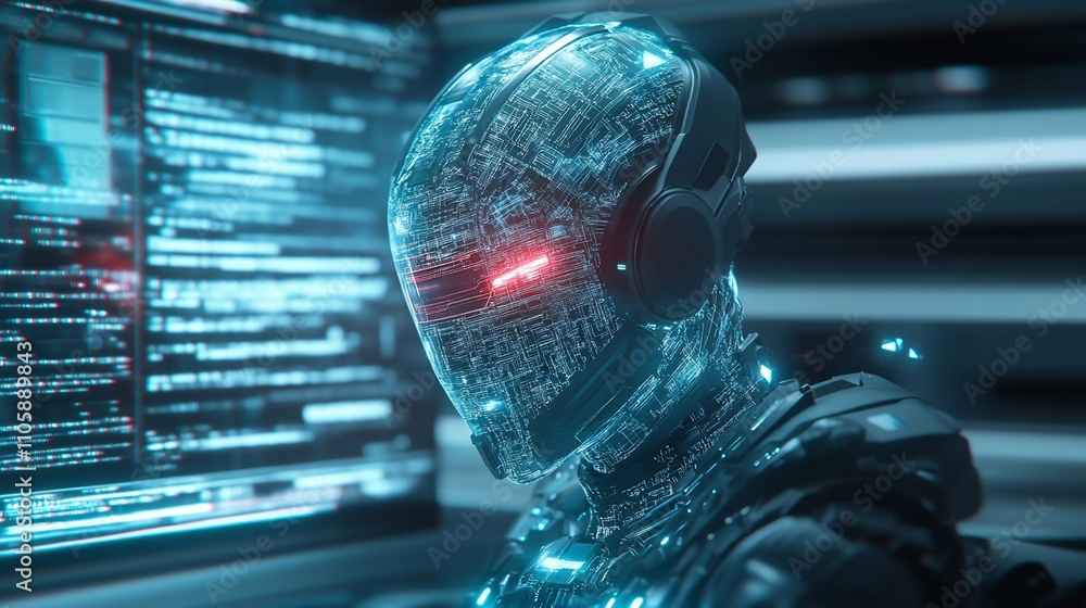 Poster Transparent robotic head working on code.