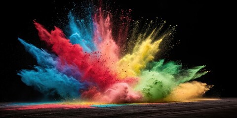 A vibrant explosion of multicolored powder, a dynamic burst of color against a dark background, showcasing a spectrum of hues in a captivating display.