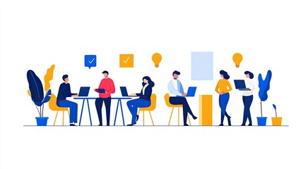 Modern Office Workspace with Diverse Professionals Collaborating, Using Laptops, and Engaged in Discussion in a Bright and Cheerful Environment