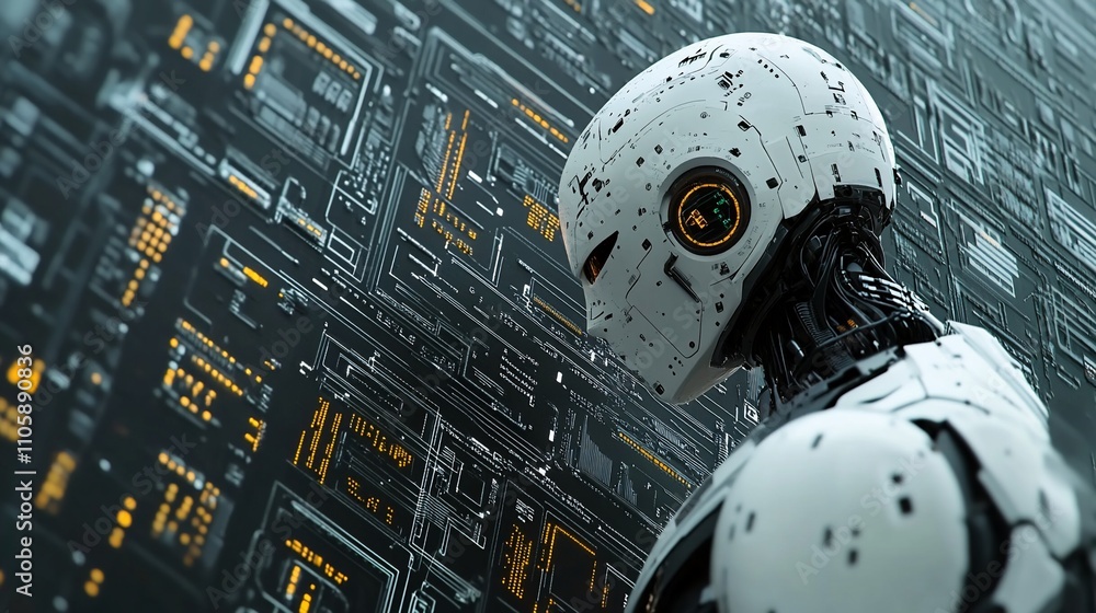 Poster Futuristic robot against a complex digital interface background.