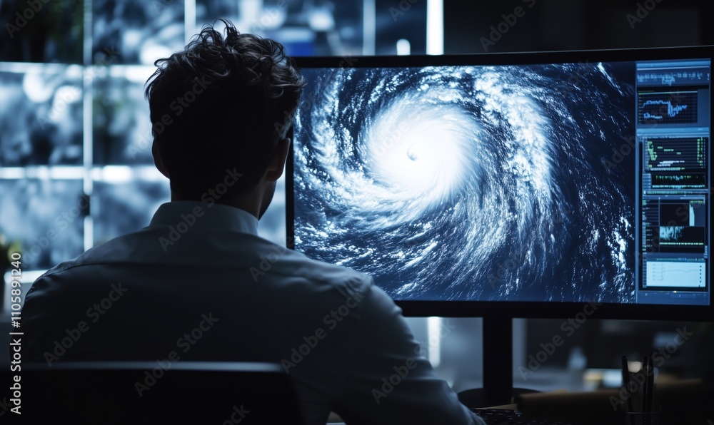 Poster hurricane visualization on computer screen, man observing data analysis, dark office setting, techno