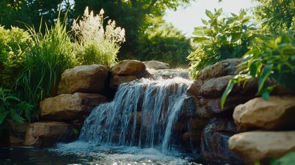 Naklejka premium Serene Natural Waterfall with Lush Greenery and Sunlit Reflection