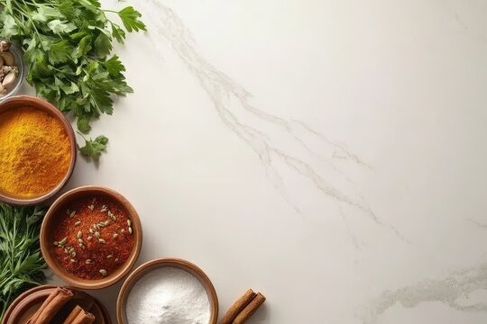 Colorful Spices and Fresh Herbs on a Marble Surface Background