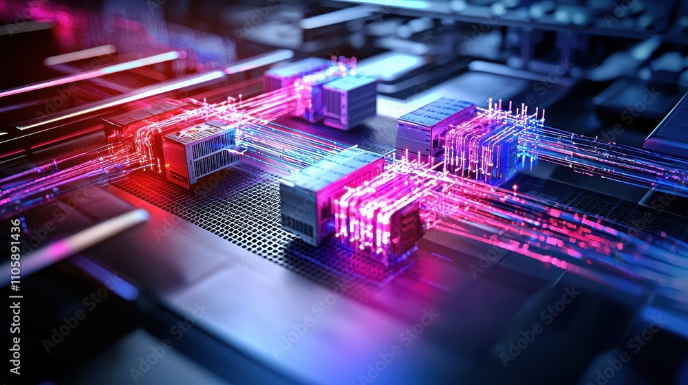 Poster colorful digital circuit board with glowing data lines and chips