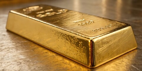 A gleaming gold bar, a symbol of wealth and precious metal, rests on a metallic surface