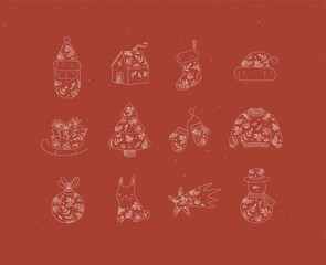Christmas symbol collection with santa, house, sock, hat, sleigh, gifts, tree, gloves, sweater, tree toy, rabbit, star, snowman drawing in floral art style on red background