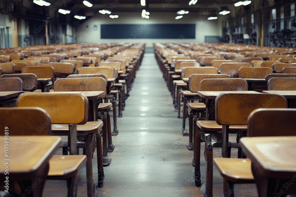 Poster a vast and empty classroom filled with antique desks aligned in neat rows, eliciting a sense of nost