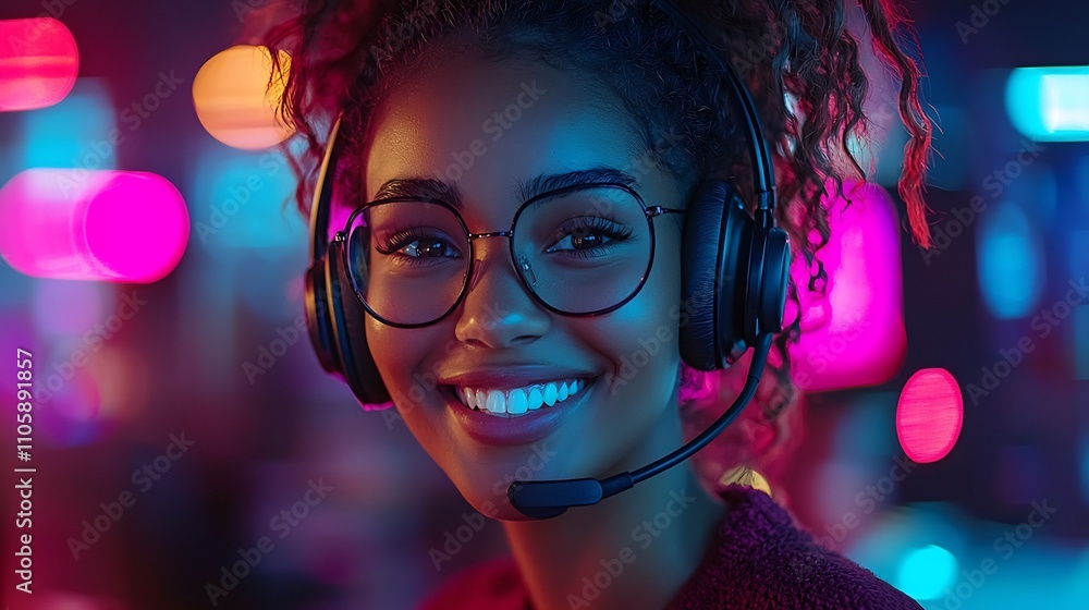 Poster smiling customer service agent assisting clients in futuristic digital support center