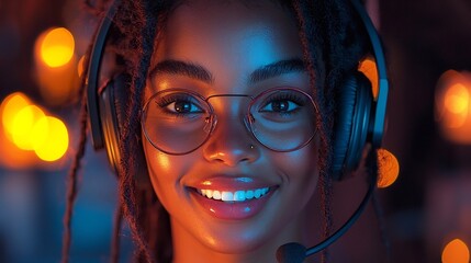 Smiling Customer Service Agent Assisting Customers in Futuristic Digital Support Center