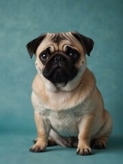 Cute pug dog on a cyan blue background.