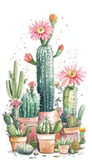 Watercolor Cacti in Terracotta Pots