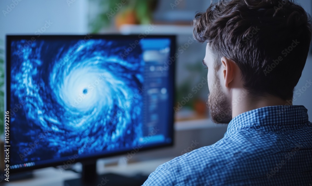Poster man observing hurricane simulation on computer screen, detailed swirling patterns, blue tones, focus