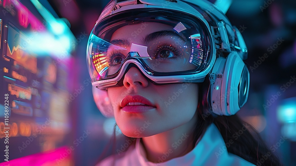 Poster futuristic customer support agent solving queries with holographic screen and real time data feedbac