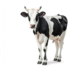 Fototapeta premium Realistic Portrayal of a Black and White Dairy Cow Standing Proudly Against a Clean White Background for Agriculture and Farm-Themed Content