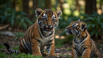 Obraz premium Cute Sumatran tiger cubs playing near their mother in the wild.
